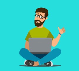 Bearded man sits on the floor and works at a laptop. Remote work via the Internet. Freelancer. Vector illustration in cartoon style