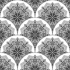 Abstract mandala fish scale seamless pattern. Ornamental tile, mosaic background. Floral patchwork infinity card. Arabic, Indian, ottoman motifs. Vector illustration. 