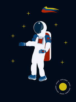 Astronaut - flat style, dark blue background - vector. Wallpaper smartphone. Space exploration.