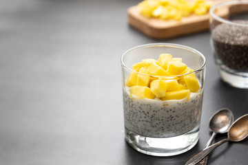 Healthy food. Chia seed pudding with pineapple. Copy space.