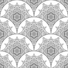 Abstract mandala fish scale seamless pattern. Ornamental tile, mosaic background. Floral patchwork infinity card. Arabic, Indian, ottoman motifs. Vector illustration.  © _aine_