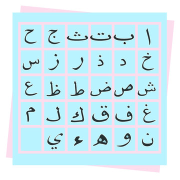 set of Arabic alphabet, vector. Colorful Arabic Alphabet. The names and the shapes of the letters in the Arabic alphabet  colored squares for kids. Set Hijaiyah Arabic font alphabet 