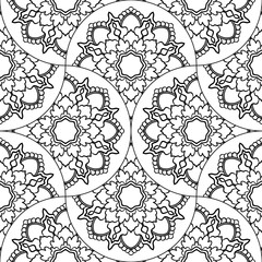 Abstract mandala fish scale seamless pattern. Ornamental tile, mosaic background. Floral patchwork infinity card. Arabic, Indian, ottoman motifs. Vector illustration. 