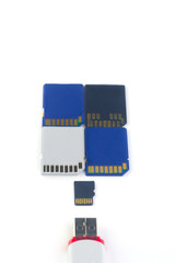  USB flash drive and memory card in blue, white and black on a white background