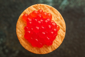 red caviar (seafood, salmon caviar) menu concept. food background. top view. copy space