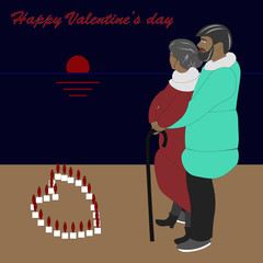Valentine's day card. Aged man and woman admire sunset.