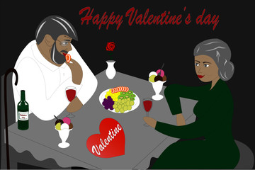 Valentine's day card. Aged man and woman at the holiday table.