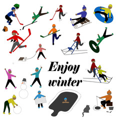 Large set of winter activities. People playing winter games outdoor.