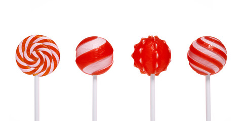 Sweet candy on stick set, unusual unique concept, strange nonsense lollipops creative abstract round shapes, 3d rendering