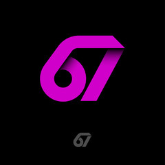 67 origami monogram. Pink ribbons like number 67 initial. Network icon. Typography. Lettering design.