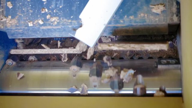 Woodworking Machine. Schroeder grinds wooden boards. Woodworking industry. Fly chips and sawdust. Destruction of logs.