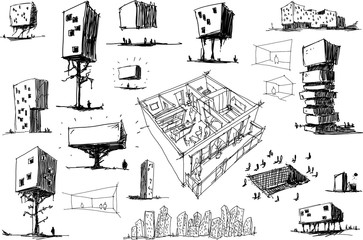 many hand drawn architectectural sketches of a modern abstract architecture nad geometric objects and urban ideas and interior