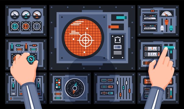 Pilot hands on the control panel of the spaceship. Dashboard with large radar in cockpit of the dispatcher. Vector illustration.