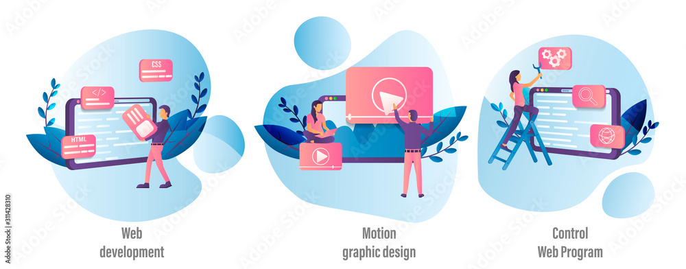 Poster colored vector cartoon representing web development, control web program and motion graphic design.