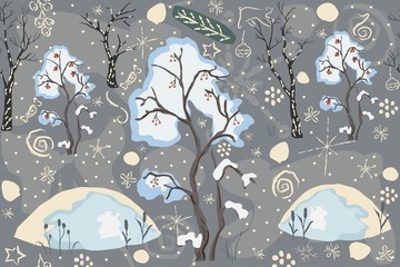 Seamless Winter pattern with merry Christmas tree, berry tree covered with snow and snowdrift