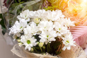 Bouquet of white chrysanthemums shot close-up
