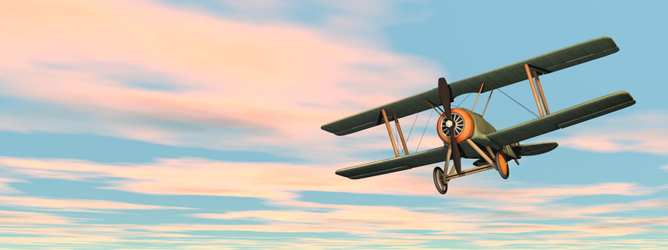 Old retro biplane flying in the sky - 3D render
