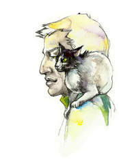 watercolor man with small sitting cat