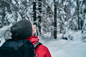Fototapeta na wymiar female hiker admiring beautiful snowy nature. 