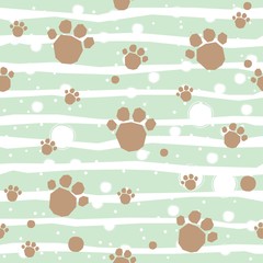 Cute Pattern with Golden dog paws with pastel blue stripes on beige background with tiny dots. Hand Drawn Design.