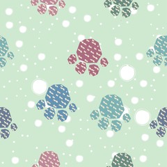Cute Pattern with Golden dog paws with pastel blue stripes on beige background with tiny dots. Hand Drawn Design.