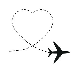 Airplane path. Plane  travel heart route. heart path vector icon - obrazy, fototapety, plakaty