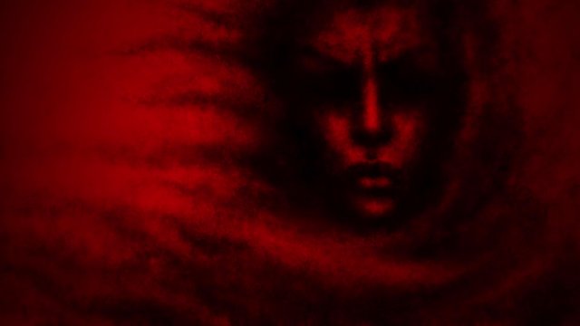 Angry witch from darkness. Animation in the genre of fantasy. Black and red background with coal and ink effect.