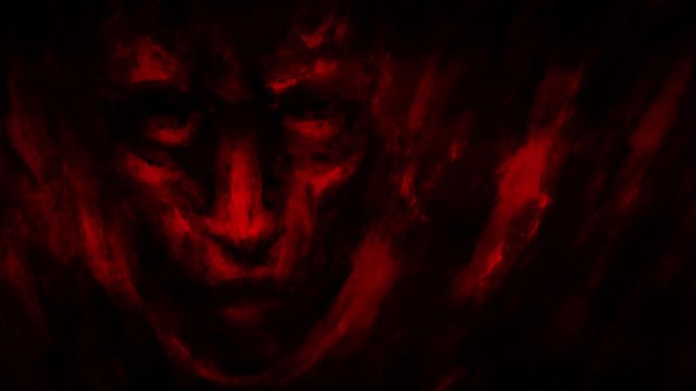 Gloomy demon face in from nightmares. Black and red looped animation in genre of horror. 