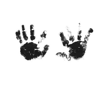 Illustration with a black and white handprint. The four-month-old baby's handprint is in black paint. Two hands. Fingerprinting