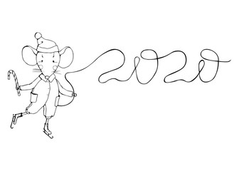 Character Symbol of the Chinese New Year 2020. Rat. A cute mouse in overalls and in a Santa hat is skating. Hand draw. Vector illustration isolated on white banner, postcard concept. EPS
