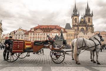 Fototapeta na wymiar Carts with horses in the square of the old town of Prague