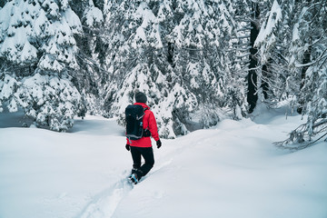 cute young caucasian woman spending her free time hiking outdoors in nature, covered with snow. Making a fresh path in newly covered snow. 