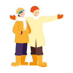 men standing with winter clothes on white background