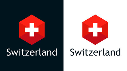 Switzerland flag for Travel, Sport or Elections decoration, Creative illustration with caption fit into national design. Logo isolated on white and black background.