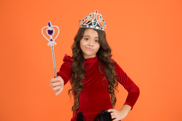 take care of the details. magic queen from fairytale. just make a wish. all dreams come true. airs and graces. royal and luxury. upset girl long curly hair in crown. little princess hold magic wand