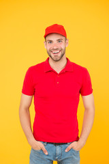 food order deliveryman. cashier vacancy. Hiring shop store worker. happy guy. dealer yellow wall. Restaurant cafe staff wanted. man delivery service in red tshirt and cap. friendly shop assistant
