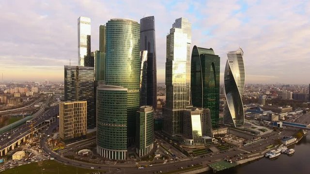 The urban landscape of Moscow. The aerial view of the capital of Russia. Moscow-City. 4K
