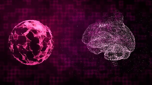 Concept of technologies and intelect. Plexus planet and brain from space dust particles over gridded digital background.