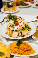 Wedding. Banquet. The table for guests. Appetizers and salads on the banquet table. Cold appetizers and salads on the wedding table. 