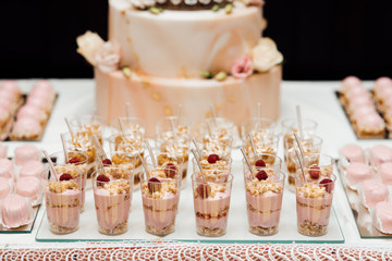 Wedding candy bar table. Cakes and other sweet festive desserts. Delicious sweet buffet with cupcakes. Sweet holiday buffet with cupcakes and other desserts. Candy Bar.