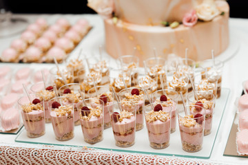Wedding candy bar table. Cakes and other sweet festive desserts. Delicious sweet buffet with cupcakes. Sweet holiday buffet with cupcakes and other desserts. Candy Bar.