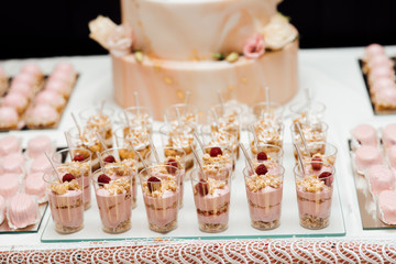 Wedding candy bar table. Cakes and other sweet festive desserts. Delicious sweet buffet with cupcakes. Sweet holiday buffet with cupcakes and other desserts. Candy Bar.