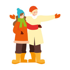 couple of people standing with winter clothes on white background