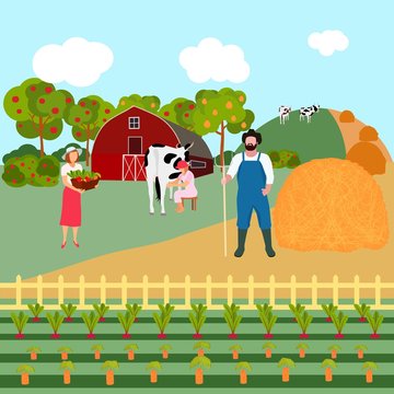 A village family, a farmer, a milkmaid, a girl collects fruits, berries, vegetables. Cartoon   character. Agricultural work.  Vector image with flat set of people and agricultural plants.