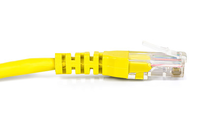 Yellow network plug on white background