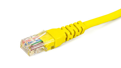 Yellow network plug on white background