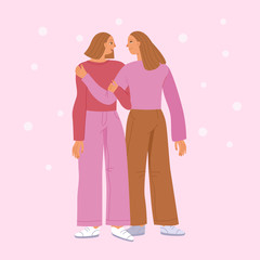 Vector illustration in flat linear style - women teamwork characters - girl power concept and women empowerment - happy female friends