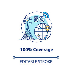 100 percent coverage concept icon. 5G technologies idea thin line illustration. High-speed connection. Global communication. Vector isolated outline drawing. Editable stroke