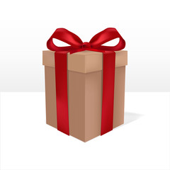 Box tied with red ribbon. Isolated gift box template.
