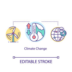 Climate change concept icon. 5G technologies idea thin line illustration. Metrological equipment. Climate control. Global warming. Vector isolated outline drawing. Editable stroke